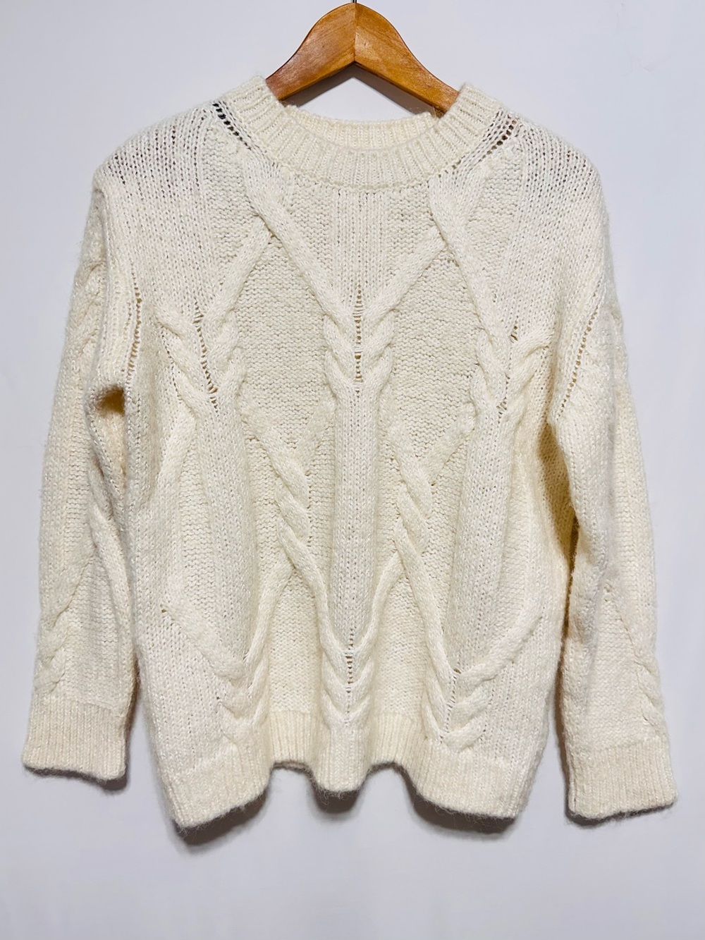 Massimo Dutti Cream Cable Knit Mohair Wool Sweater Size L Quiet Luxury